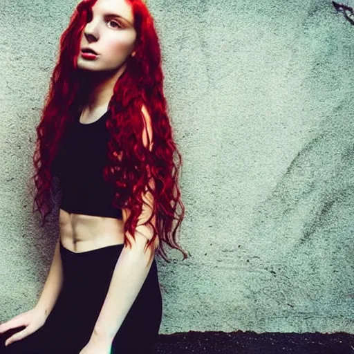 Prompt: beautiful irish lass with red wavy hair and piecing eyes, soft flawless pale skin, wearing a black crop top photography dramatic dark lighting, hyperrealistic