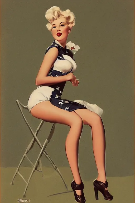 Image similar to a portrait of a one full body pin up post war, dressing a military unioform, garden backgound Gil Elvgren style