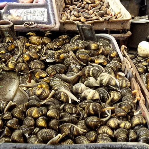 Prompt: live snails being sold at a bazaar