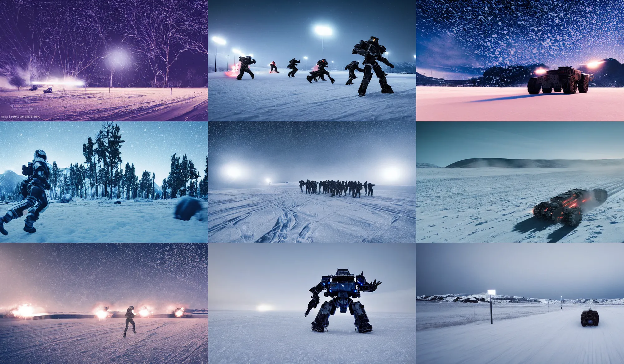 Prompt: a armored core v running across the open snow field, booster flares, dark blue sky, empty snow field, snow, karst landscape, wide shot ; dynamic contrast, bokeh, motion blur, photoreal, cinematic, digital art by liam wong