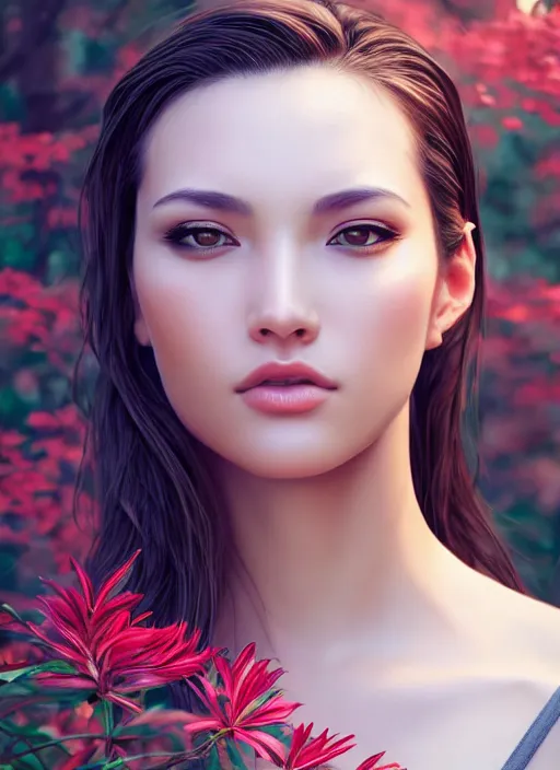 Image similar to photo of a gorgeous female in the style of stefan kostic, realistic, half body shot, sharp focus, 8 k high definition, insanely detailed, intricate, elegant, art by stanley lau and artgerm, extreme bokeh foliage