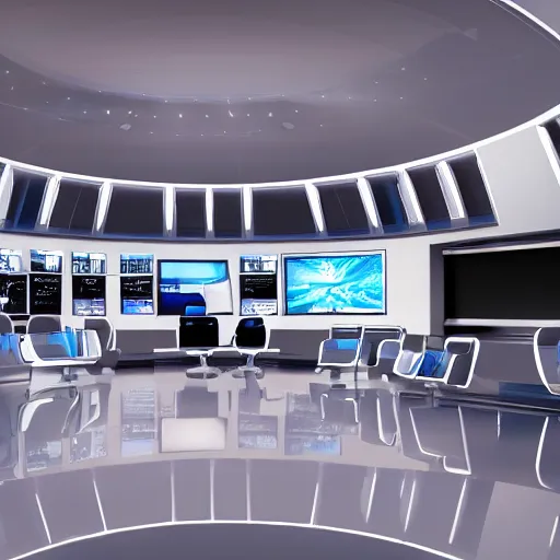 Image similar to futuristic news studio, concept art, wide lens, cinematic composition, iterior, detail