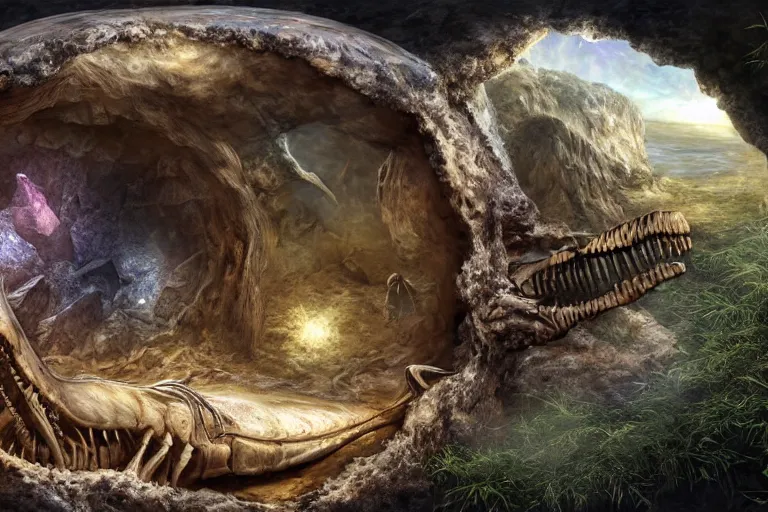 Image similar to dinosaur skeleton in a crystal geode ((in a crystal geode))(((in a crystal geode))), matte-painting