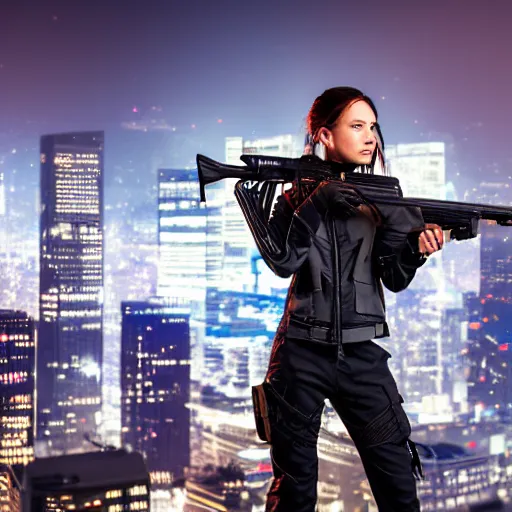 Image similar to photographic portrait of a techwear woman holding a shotgun, closeup, on the rooftop of a futuristic city at night, sigma 85mm f/1.4, 4k, depth of field, high resolution, 4k, 8k, hd, full color, Die Hard, movies with guns, movie firearms, face closeups