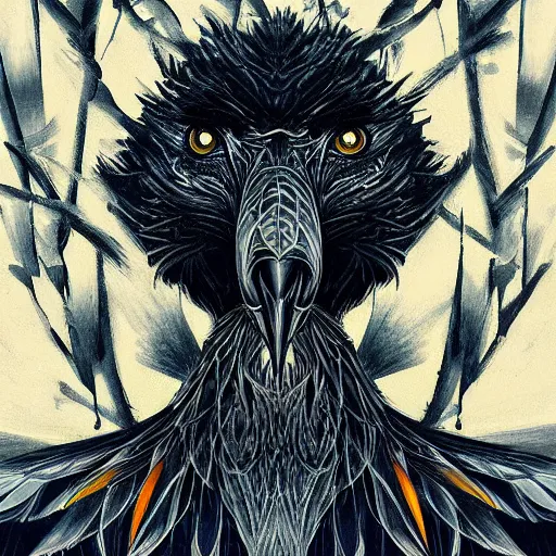 Image similar to a simple crow painting by Android Jones and M. C. Escher collaboration