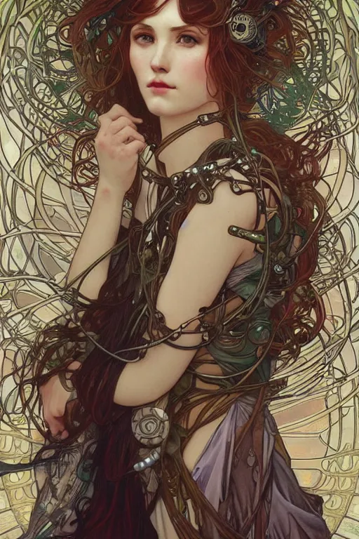 Image similar to realistic detailed portrait of a fully clothed adult cyberpunk! goddess by Alphonse Mucha, Charlie Bowater, Art Nouveau cyberpunk! style, mechanical accents!, flowing wires with leaves, rich deep moody colors