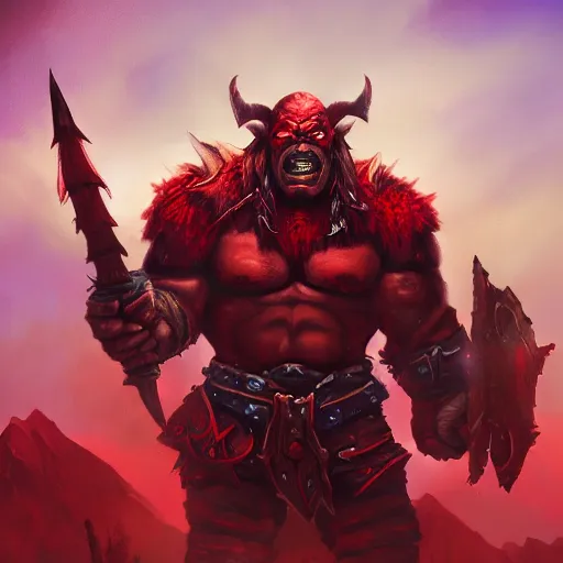 Image similar to red orc warrior, red theme lighting, battlefield background, in hearthstone art style, epic fantasy style art, fantasy epic digital art, epic fantasy card game art