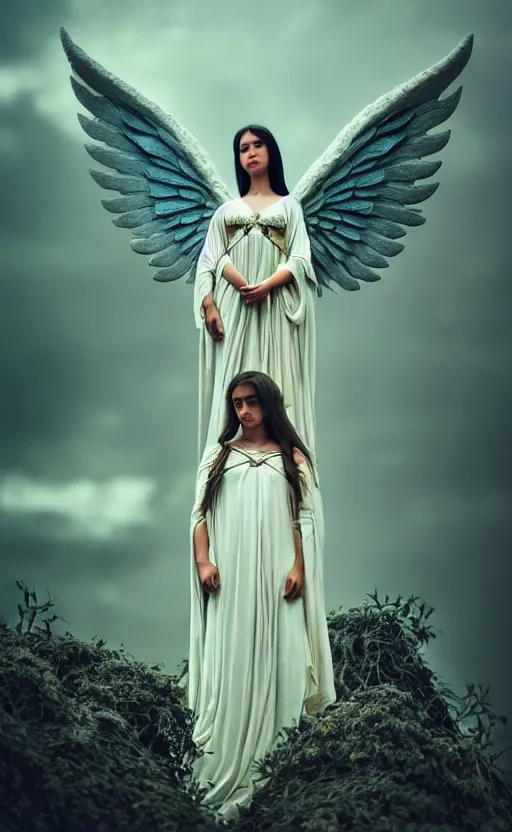 Image similar to angel, big wings, low key light, full plate armor with cloth, f 2. 8, bokeh, medium portrait, gentle, female, ornate city ruins, landscape, d & d, fantasy, intricate, elegant, highly detailed, teal white gold color palette, roger deakins, sharp focus, greg rutkowski and alphonse mucha