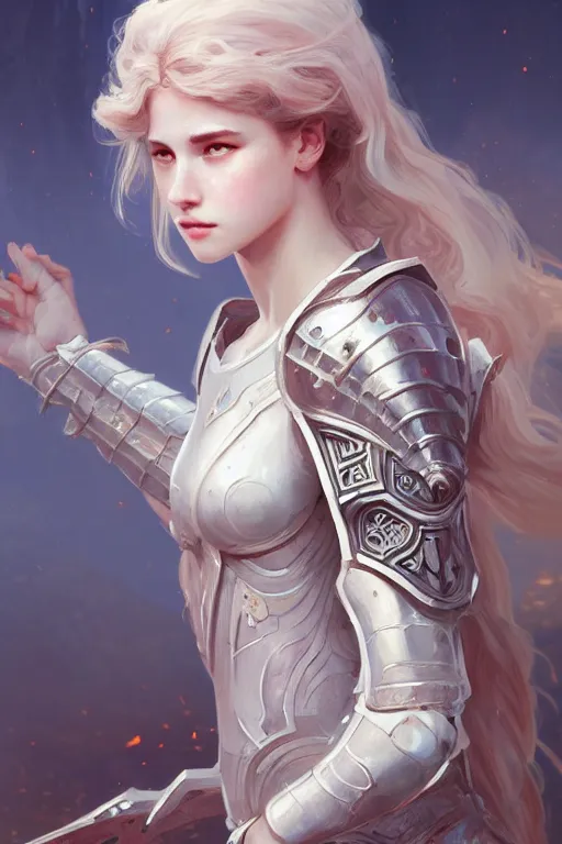 Image similar to portrait young knights of Zodiac girl, matt white color armor, in ruined Agora of Athens Sunrise, ssci-fi and fantasy, intricate and very beautiful and elegant, highly detailed, digital painting, artstation, concept art, smooth and sharp focus, illustration, art by tian zi and WLOP and alphonse mucha