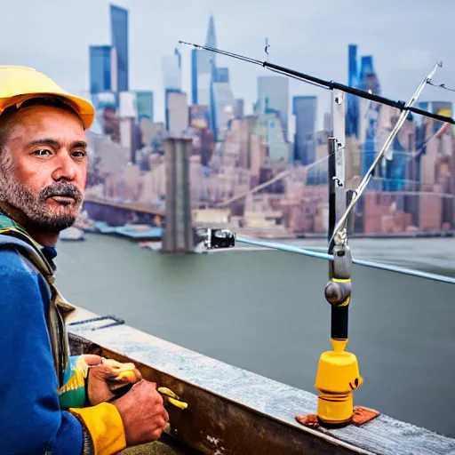 Image similar to closeup portrait of a construction worker with a fishing rod sitting on a metal beam high over new york city, photography