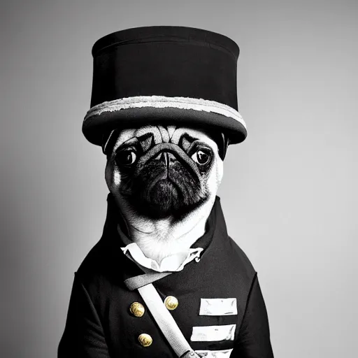 Prompt: portrait of a pug dressed in napoleonic uniform with tricorn hat dark background, studio light, hdr, nikon 2 4 mm f / 1. 8 g, by sebastiao salgado