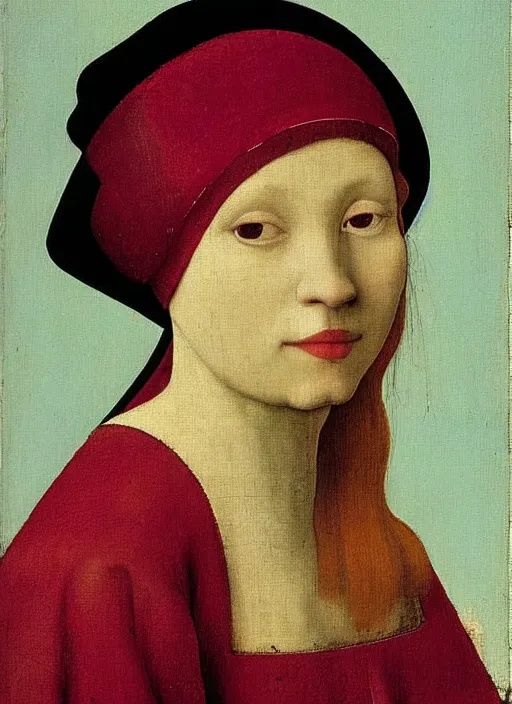 Image similar to red hat, medieval painting by jan van eyck, johannes vermeer