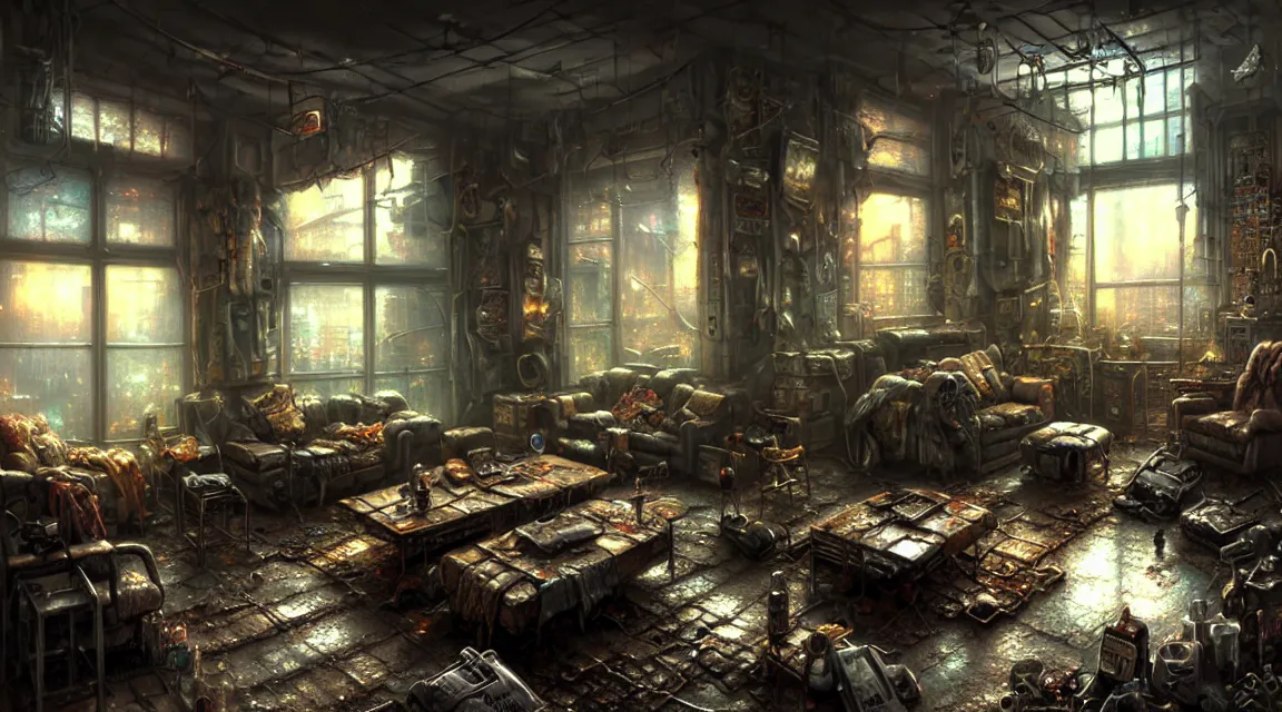 Prompt: post apocalyptic room interior, furniture, interior decoration, by thomas kinkade trending on artstation, photorealistic, hyper detailed, hyper realistic cyberpunk