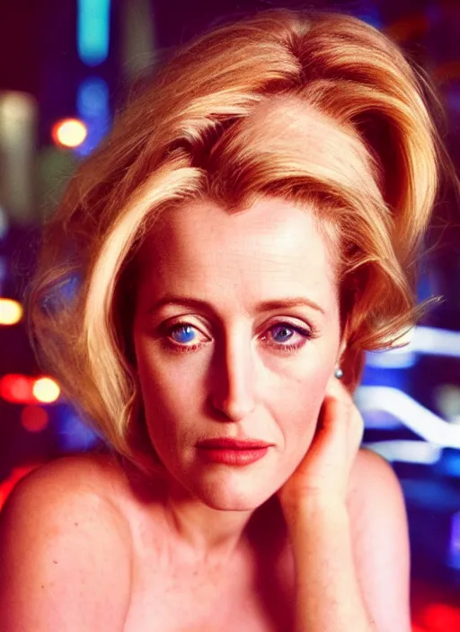 Prompt: A hyper realistic and detailed head portrait photography of Gillian Anderson in iridescent dress on a futuristic street. by Annie Leibovitz. Neo noir style. Cinematic. neon lights glow in the background. Cinestill 800T film. Lens flare. Helios 44m