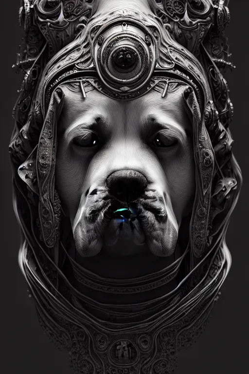 Prompt: dog as mourning crying phantom, very detailed face, detailed features, fantasy, circuitry, explosion, dramatic, intricate, elegant, highly detailed, digital painting, artstation, concept art, smooth, sharp focus, illustration, art by gustave dore, octane render