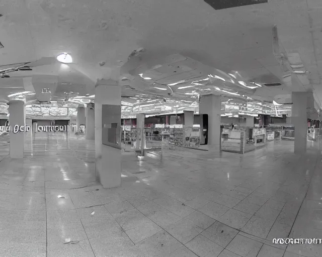 Prompt: camera footage of an abandoned shopping mall occupied by giant monster spiders, high exposure, dark, monochrome, camera, grainy, CCTV, security camera footage, timestamp, zoomed in, fish-eye lense, spiders, spider, spider, spider,
