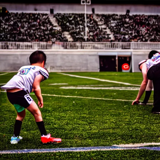 Prompt: Justin Sun kicking a baby field goal, professional football photography