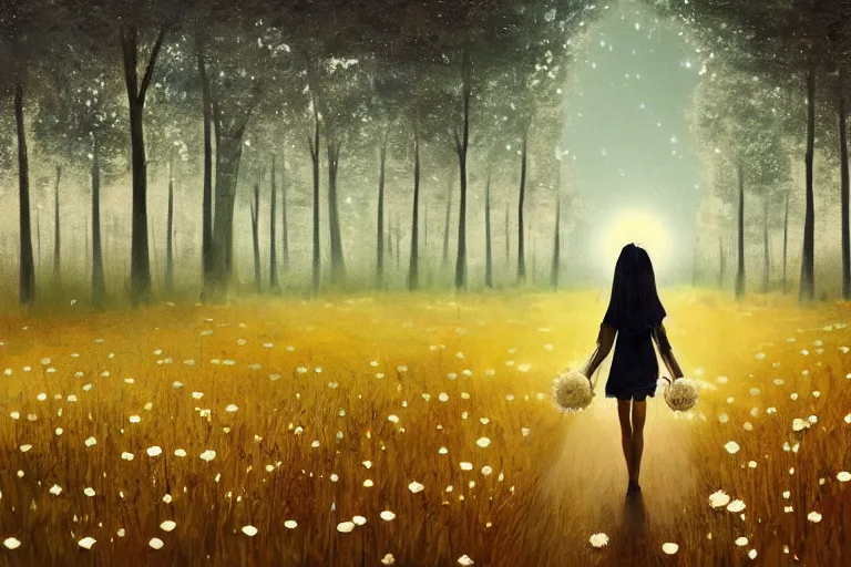 Image similar to giant white daisy flower head, girl walking in dark forest, surreal photography, dark night, stars, moon light, impressionist painting, clouds, digital painting, artstation, simon stalenhag