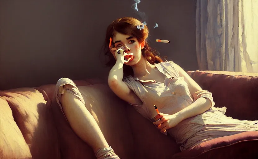 Image similar to portrait of several girls with smoking cigarettes, sitting on a couch, highkey, realistic, serov, surikov, vasnetsov, repin, kramskoi, ultra realistic, depth of field insanely detailed, charlie bowater, tom bagshaw, norman rockwell, octane rendered, unreal engine, rendering, trending on artstation, 8 k