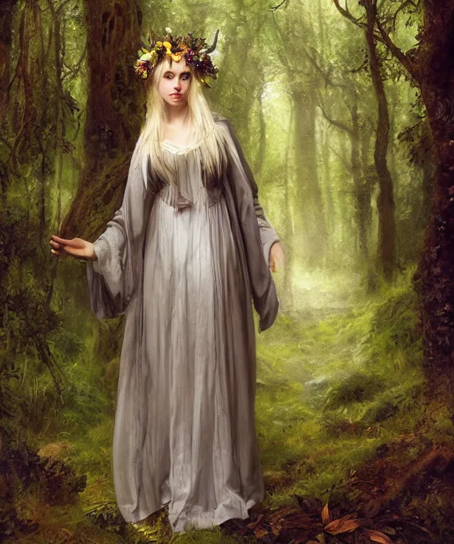 Image similar to young beautiful fey druid woman, full body portrait, white hair, flower crown, dark green robes, intricate, standing in a dark forest, sunbeams, in style of john everett millais