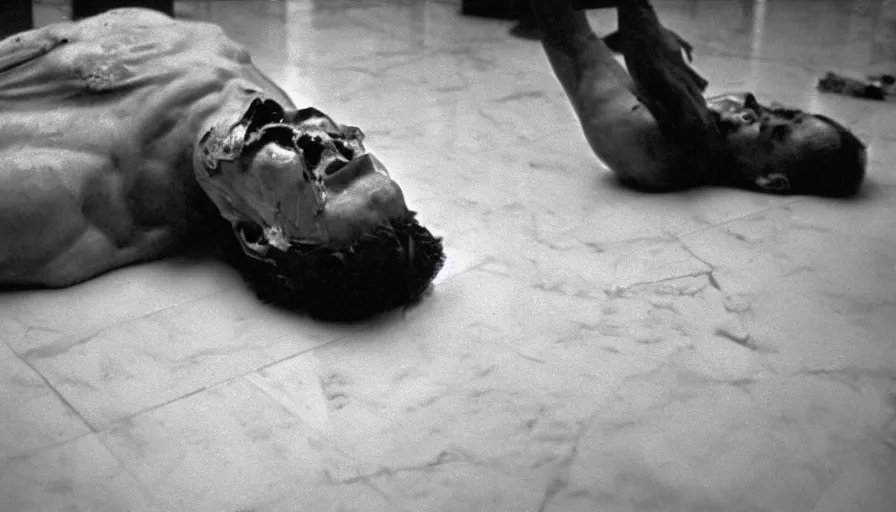 Prompt: 1 9 6 0 s movie still close - up of chrysippus of solis dead on the floor with a broken jaw in a neoclassical marble room, cinestill 8 0 0 t 3 5 mm b & w, high quality, heavy grain, high detail, dramatic light, anamorphic, detailed beard, by josef sudek