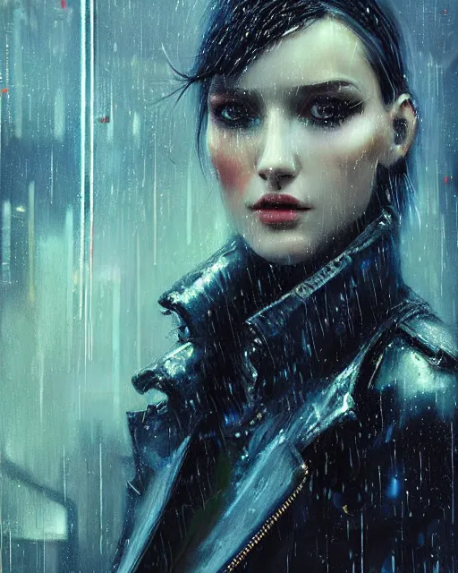 Prompt: detailed portrait bladerunner movie scene European Pretty Young Girl Storm Rain movie Jacket coat, Futuristic sci-fi fashion, royal attire by ismail inceoglu dragan bibin hans thoma greg rutkowski Alexandros Pyromallis Nekro Rene Margitte illustrated Perfect face, sharp chine, fine details, realistic shaded, fine-face, pretty face cyberpunk, neotokyo, synthwave, aesthetics, futuristic, low-emission-neon