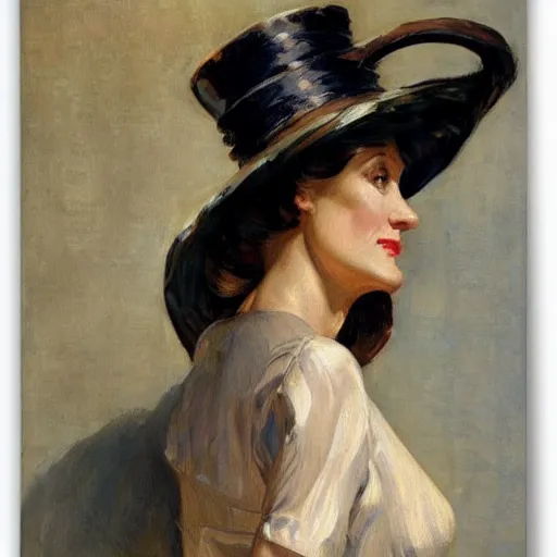 Prompt: woman with a giant, ridiculous hat, by j. c. leyendecker