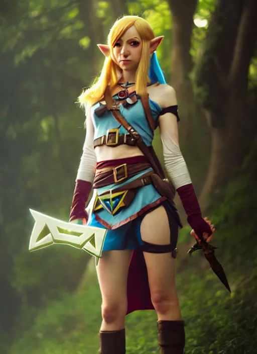 Image similar to female cosplayer wearing zelda cosplay. art by greg rutkowski, art by pascal blanche. crisp quality. digital photography. trending in deviantart.