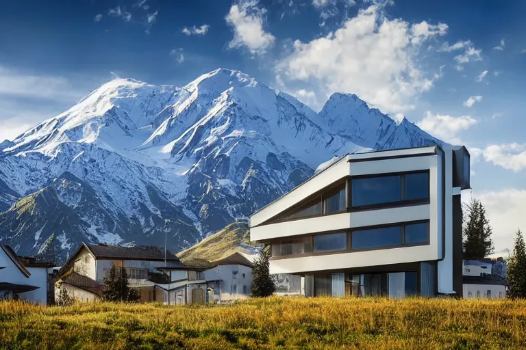 Image similar to architecture photo modern fachwerk house cottage settlement with Elbrus mountain on the background, architecture, high-tech technology, futuristic ecocity, photorealism 8k , high details