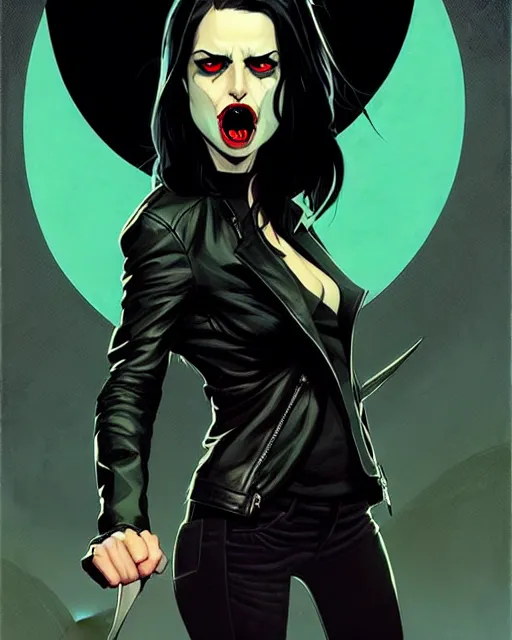 Image similar to rafael albuquerque comic art, peter mohrbacher, phil noto, steve niles, artgerm, pretty willa holland vampire sharp vampire teeth open mouth, symmetrical eyes, black leather jacket, jeans, long black hair