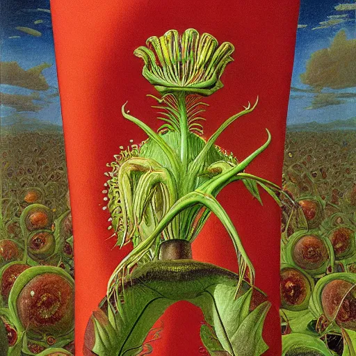 Image similar to Portrait of a Venus Flytrap Guy Venus Flytrap disguised as a human standing atop a red clay pot salvador dali octavio ocampo jacek yerka winslow homer norman rockwell inio asano prismacolor tombow quill