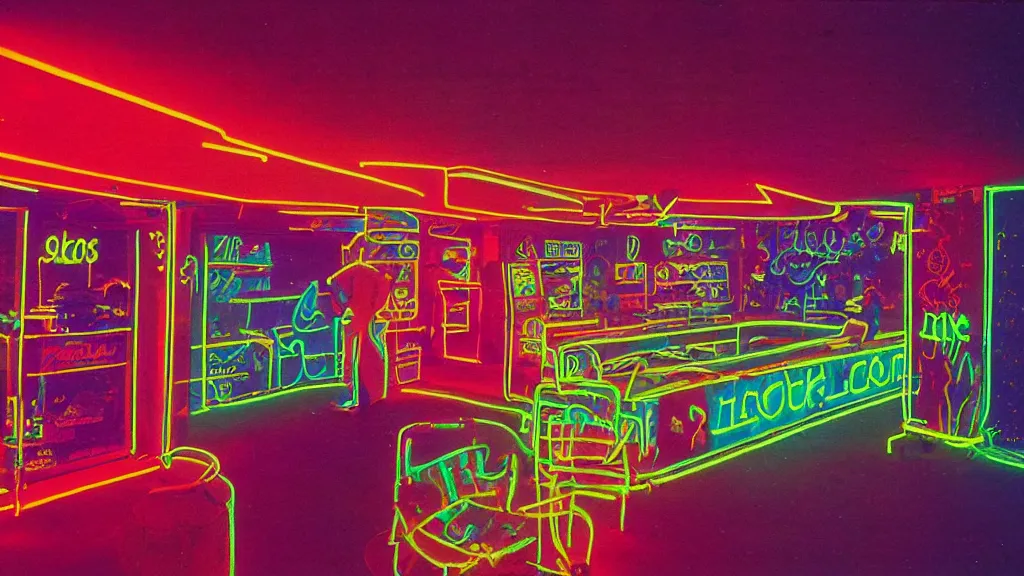 Prompt: 1970s color magazine photo of fluorescent ephemera glowing by blacklight, wall covered in neon posters, in an attic