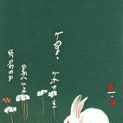 Prompt: a japanese painting of a white rabbit with long hairs in a clover field