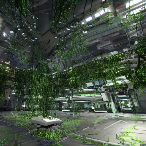 Image similar to Robo-modules of the GLaDOS super computer in the center of a huge hall overgrown with vines and plants of the complex, old computers, a suspension of dust in the air, rays of light through the ceiling, realism, art,