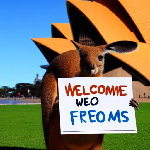 Prompt: A portrait photo of a kangaroo wearing an orange hoodie and blue sunglasses standing on the grass in front of the Sydney Opera House holding a sign on the chest that says Welcome Friends