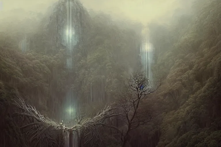 Image similar to Rivendell Himeji Eden hallucination, gleaming brutalist Japanese castle overlooking the Garden of Eden, Fertile Valley, Waterfalls and lakes, amazing concept painting, by Jessica Rossier by HR giger by Beksinski,