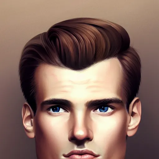 Image similar to tall man in his twenties with brown blond short quiff hair and thin slightly round facial structure with cleft chin, straight eyebrows and prominent nose, good definition of cheekbones, big hazel nut brown eyes, narrow face, slim body, atmospheric lighting, painted, intricate, 4 k, highly detailed by charlie bowater