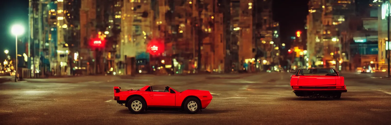 Image similar to 80s red sports car, parked on deserted city street at night time, purple lighted street, wide angle, cinematic, retrowave vibes, grainy, soft motion blur, VHS Screencap