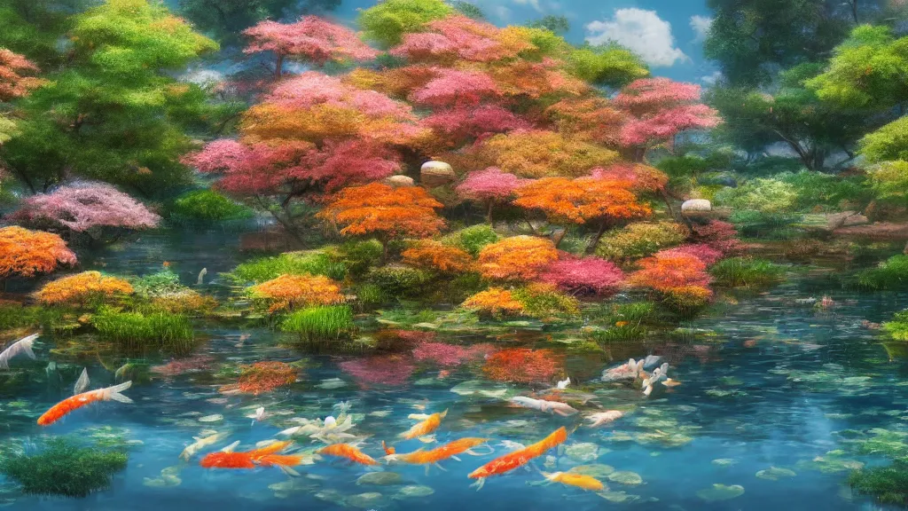 Image similar to a ultradetailed beautiful matte painting showing a close view of a peaceful pond with a clear water and amazingly beautiful carp koi, anime, high resolution 4 k, by makoto shinkai, charli bowater and artgeem