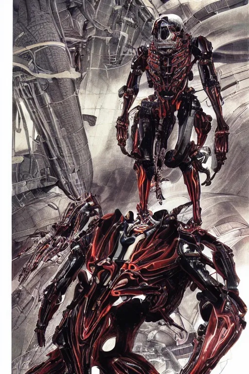 Image similar to biomechanical life enhanced using nanosuits with crysis - type muscle under the armor plating, at dusk, a color cover illustration by tsutomu nihei, tetsuo hara and katsuhiro otomo