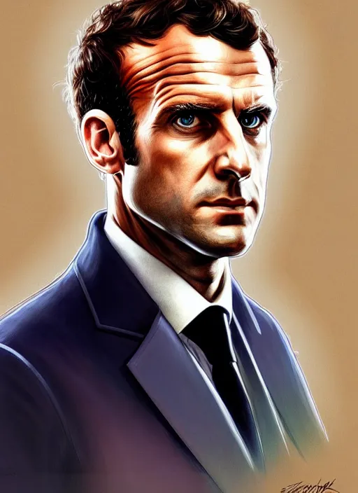 Image similar to portrait of stoic looking emmanuel macron, full body, police uniform, intricate, hivis, elegant, beautiful, highly detailed, digital painting, artstation, concept art, smooth, sharp focus, illustration, art by artgerm and greg rutkowski and alphonse mucha