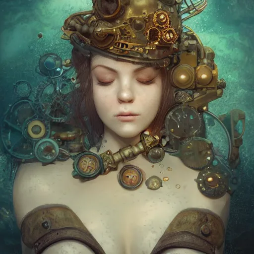 Image similar to underwater steampunk sleeping portrait, hyper detailed, digital art, trending in artstation, cinematic lighting, studio quality, smooth render, unreal engine 5 rendered, octane rendered, art style by klimt and nixeu and ian sprigger and wlop and krenz cushart.