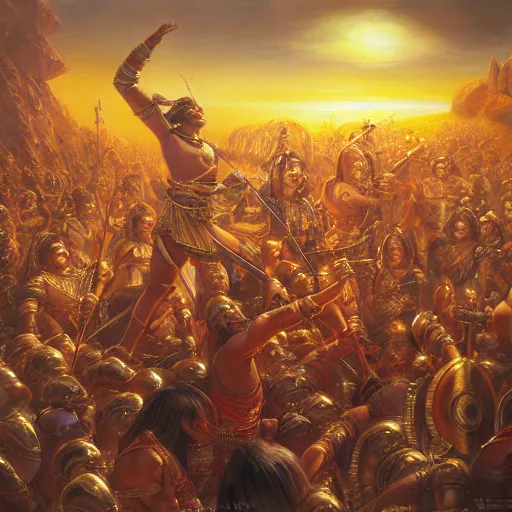 Image similar to an epic painting of the Mahabharata War, oil on canvas, golden hour, beautiful detailed, photorealistic, digital painting, artstation, concept art, smooth, sharp focus, illustration, fantasy background, artstation trending, octane render, unreal engine