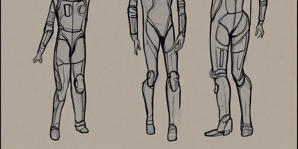 Image similar to male, elongated figure, space suit, sketch, large shoulders, short torso, long thin legs, tiny feet, character sheet, very stylized, illustration, pen and ink,