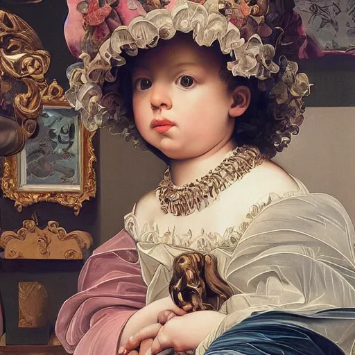 Prompt: hyperdetailed elaborate minimalist photorealistic half-lenght side portrait of a child, inside an elaborated rich modern maximalist room full of illustrated toys. in the style of Caravaggio with flemish baroque details, vibrant shiny textures in soft pastel tones. matte background. HD 8x