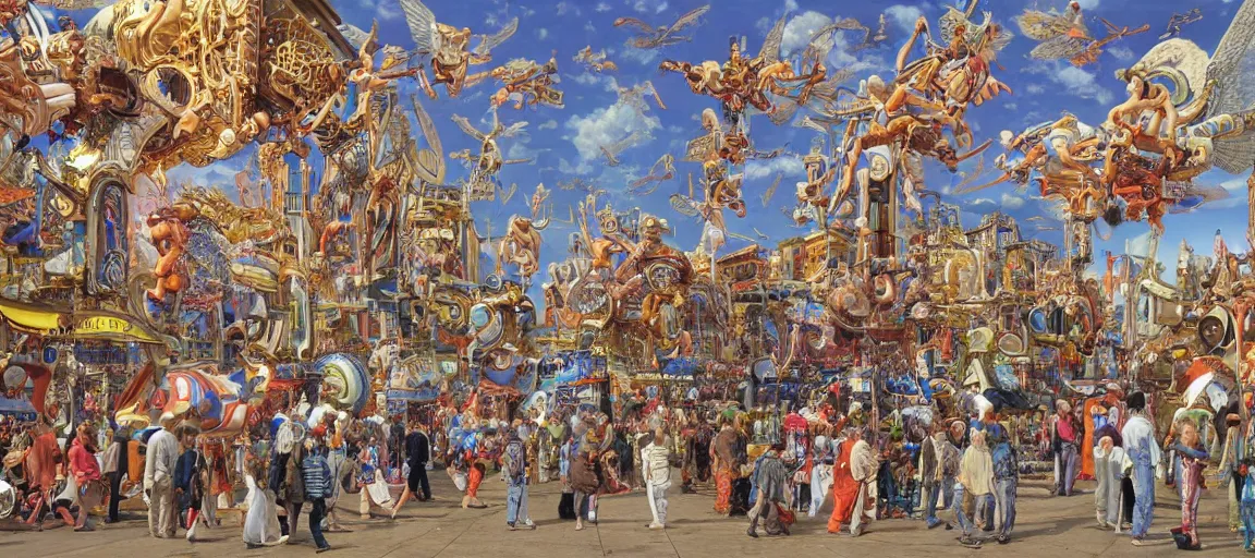 Prompt: mechanical angels descend from heaven in the middle of a small town during a carnival, surreal, quirky, highly detailed, colorful, dramatic, by h. r. van dongen, by david ligare, by noriyoshi ohrai, by frank r. paul - h 5 1 2