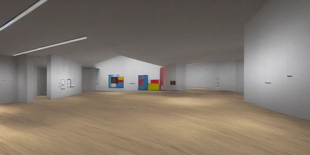 Image similar to a coloured 3 d octane model of a brutalism art gallery with wooden floor, highly detailed