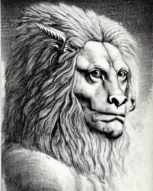 Prompt: human - eagle - lion - ox portrait. horns. beak. mane. drawn by da vinci