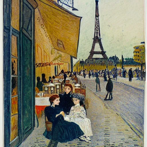 Image similar to two young edwardian women sit outside a cafe in paris at night, the moon is in the sky, the eiffel tower is visible in the background, in the style of carl larsson