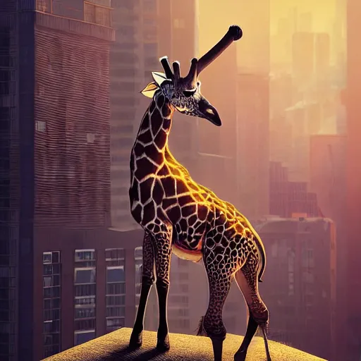 Prompt: a full body painting of a [ giraffe standing on rooftop ] [ four legs animal ], intricate, epic lighting, cinematic composition, hyper realistic, 8 k resolution, unreal engine 5, by artgerm, tooth wu, dan mumford, beeple, wlop, rossdraws, james jean, andrei riabovitchev, marc simonetti, artstation